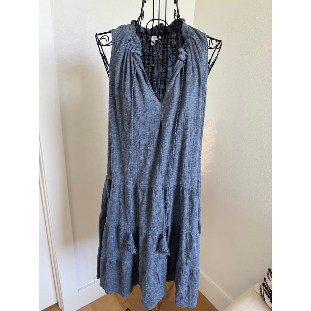 Max Studio Blue Sleeveless Tiered V- Neck Tassel Dress Small